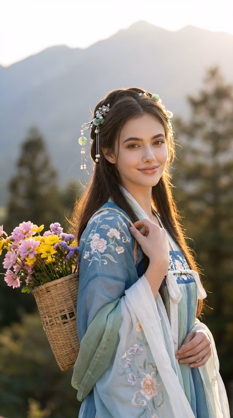 Ultra-realistic Hanfu Portrait with Flower Basket