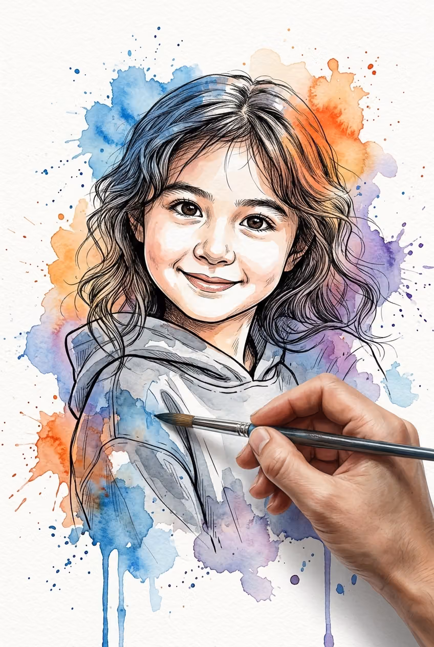 Watercolor Portrait with Dynamic Paint Splashes
