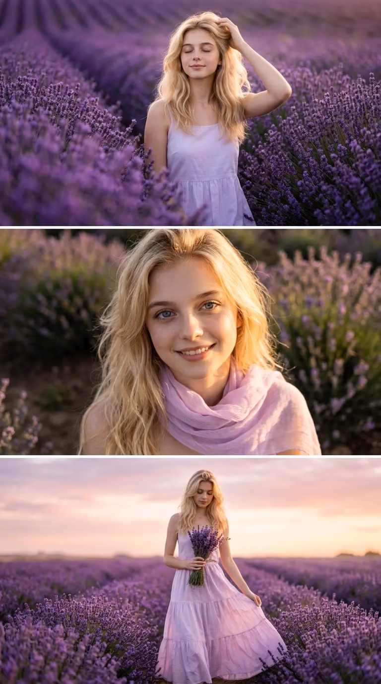 Woman in Lavender Field Triptych at Sunrise