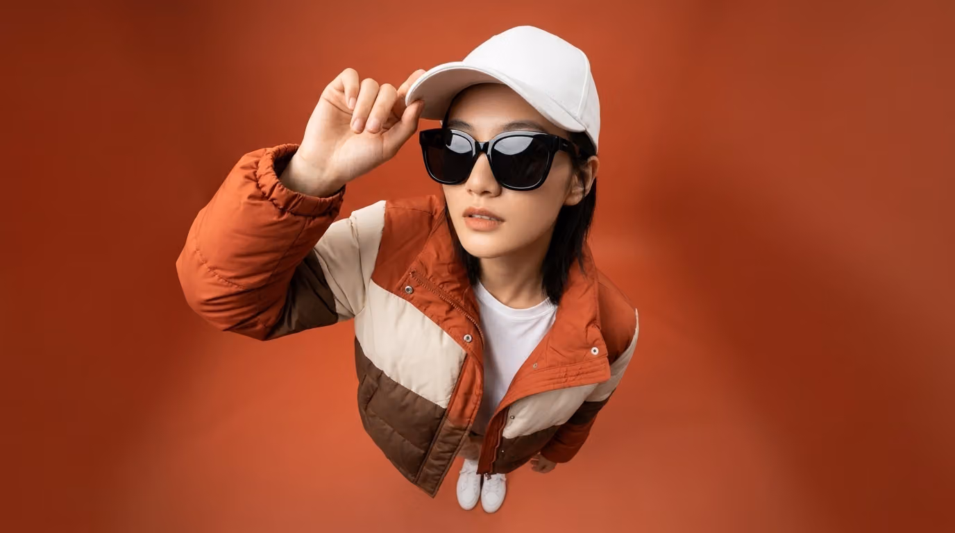 Fisheye Portrait with Color-Block Puffer Jacket