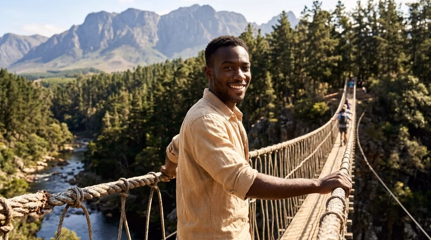 Person on Rope Bridge Smiling at Camera