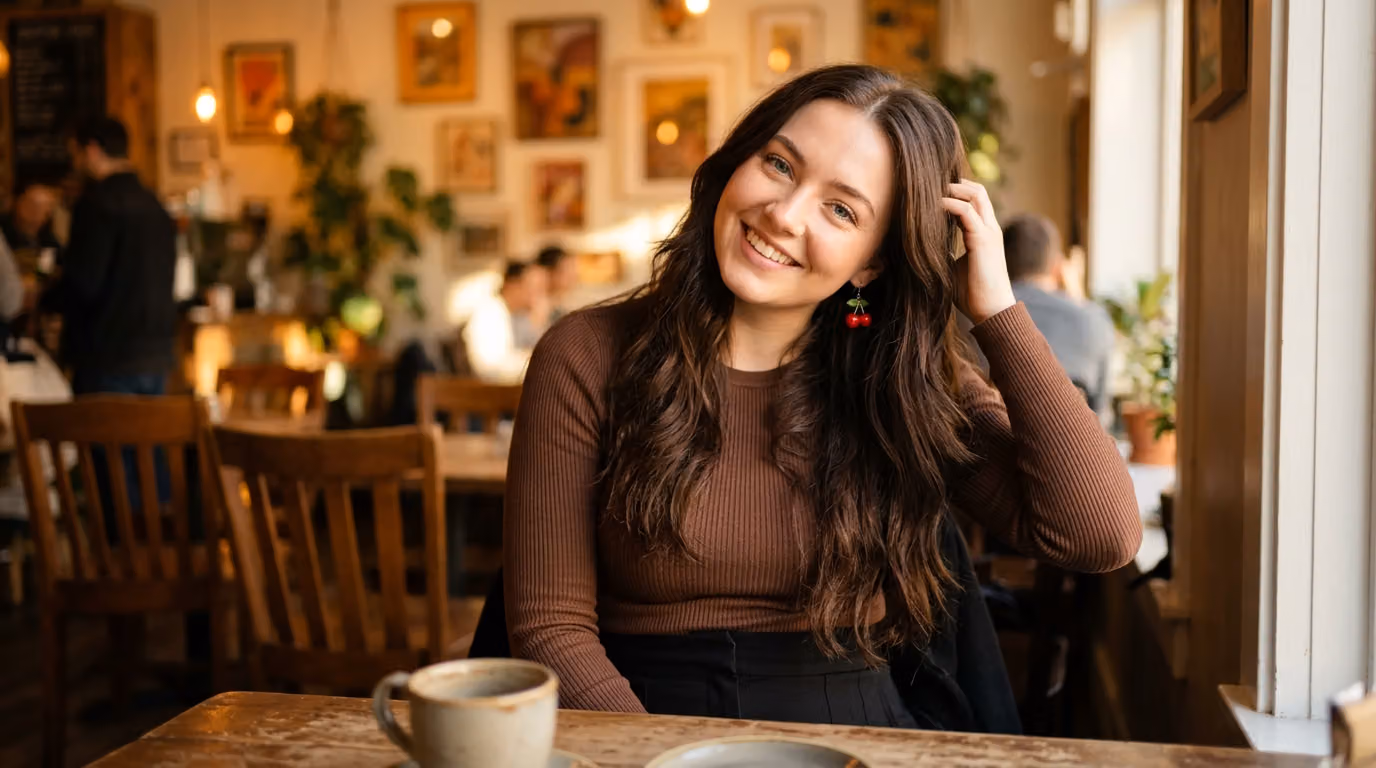 Smiling Woman in Cafe, Golden Hour Portrait