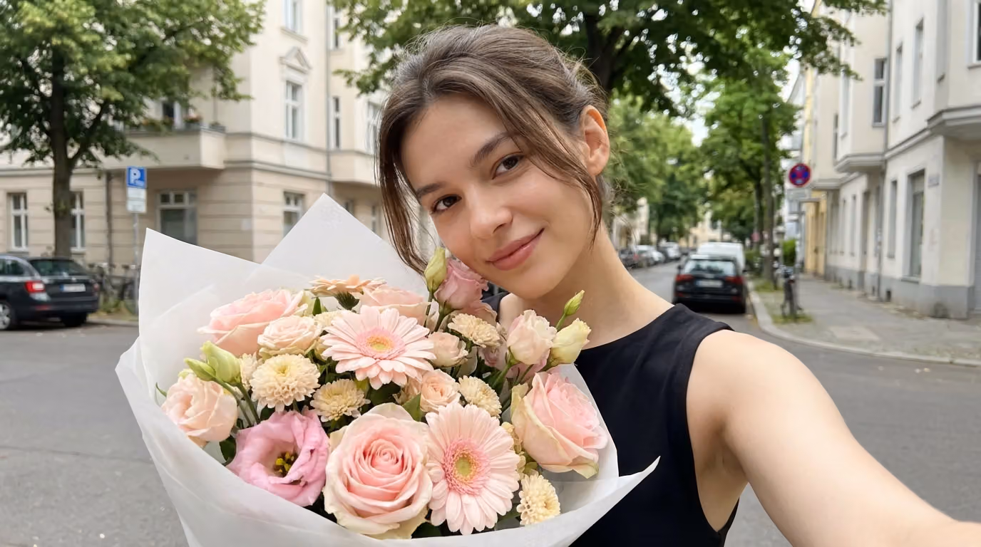 Outdoor Selfie with Pastel Flower Bouquet