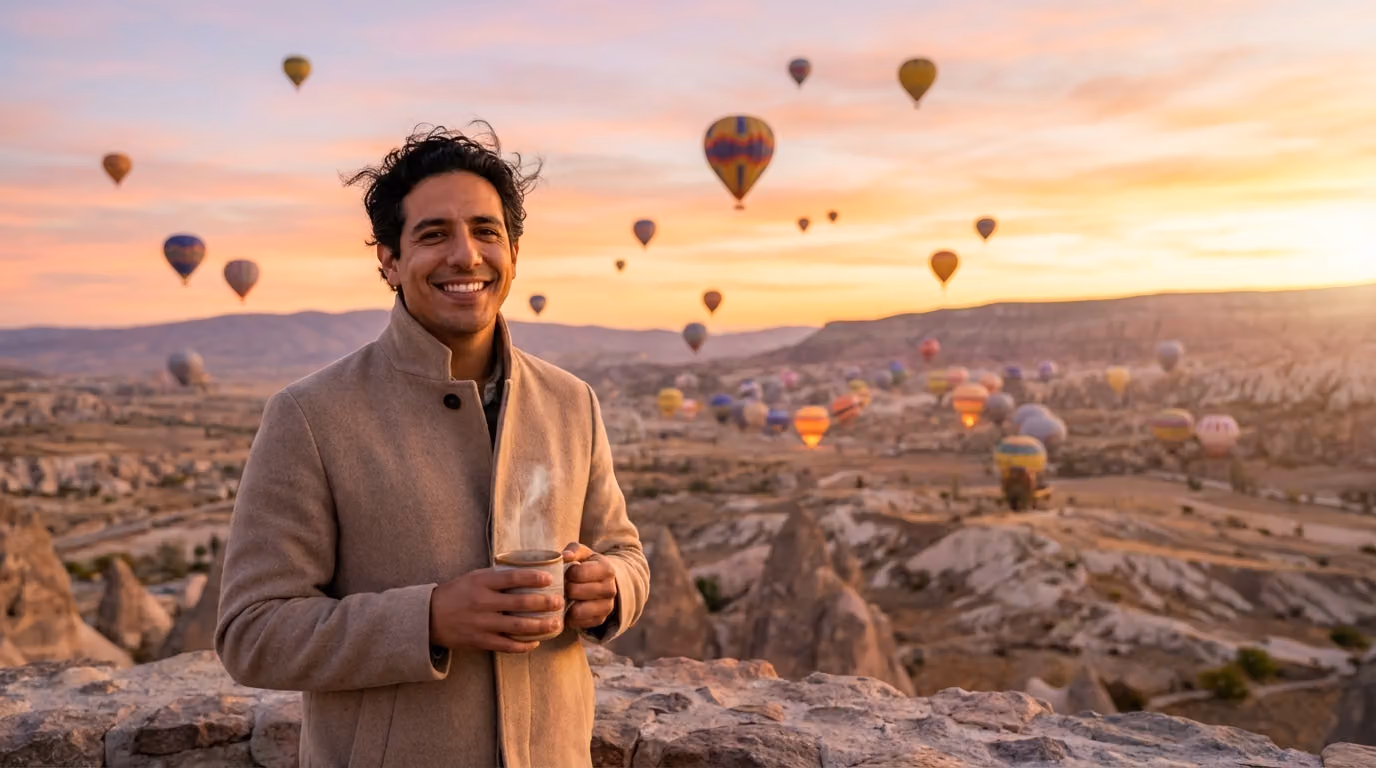 Sunrise with Hot Air Balloons and Smiling Person