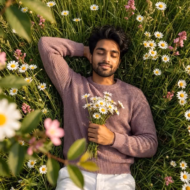 Serene Man in Wildflower Meadow Portrait