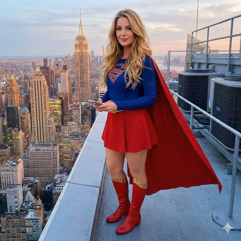 Supergirl on NYC Skyscraper Rooftop at Dusk