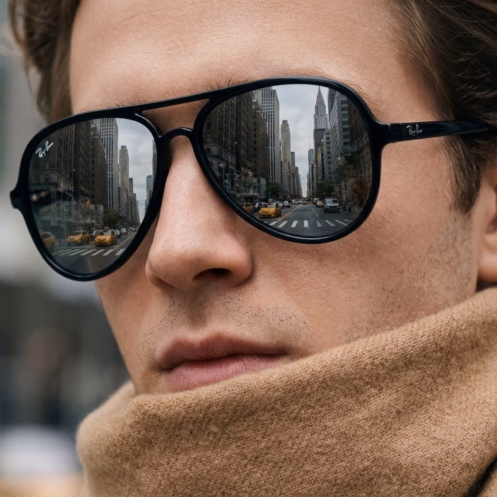 High-Fashion NYC Portrait with Ray-Ban Reflection