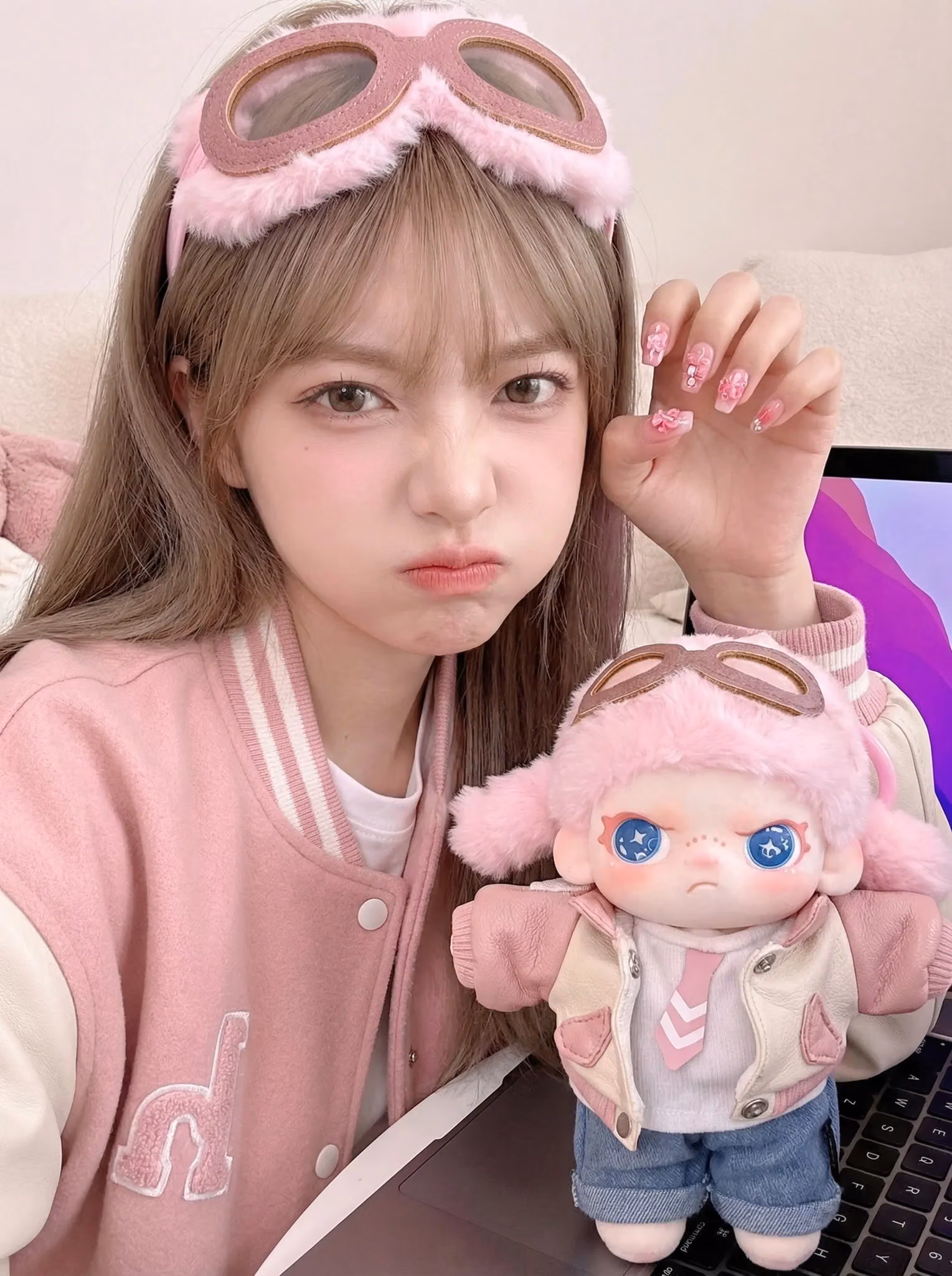 Twinning Portrait: Human Mimics Doll's Pouty Expression