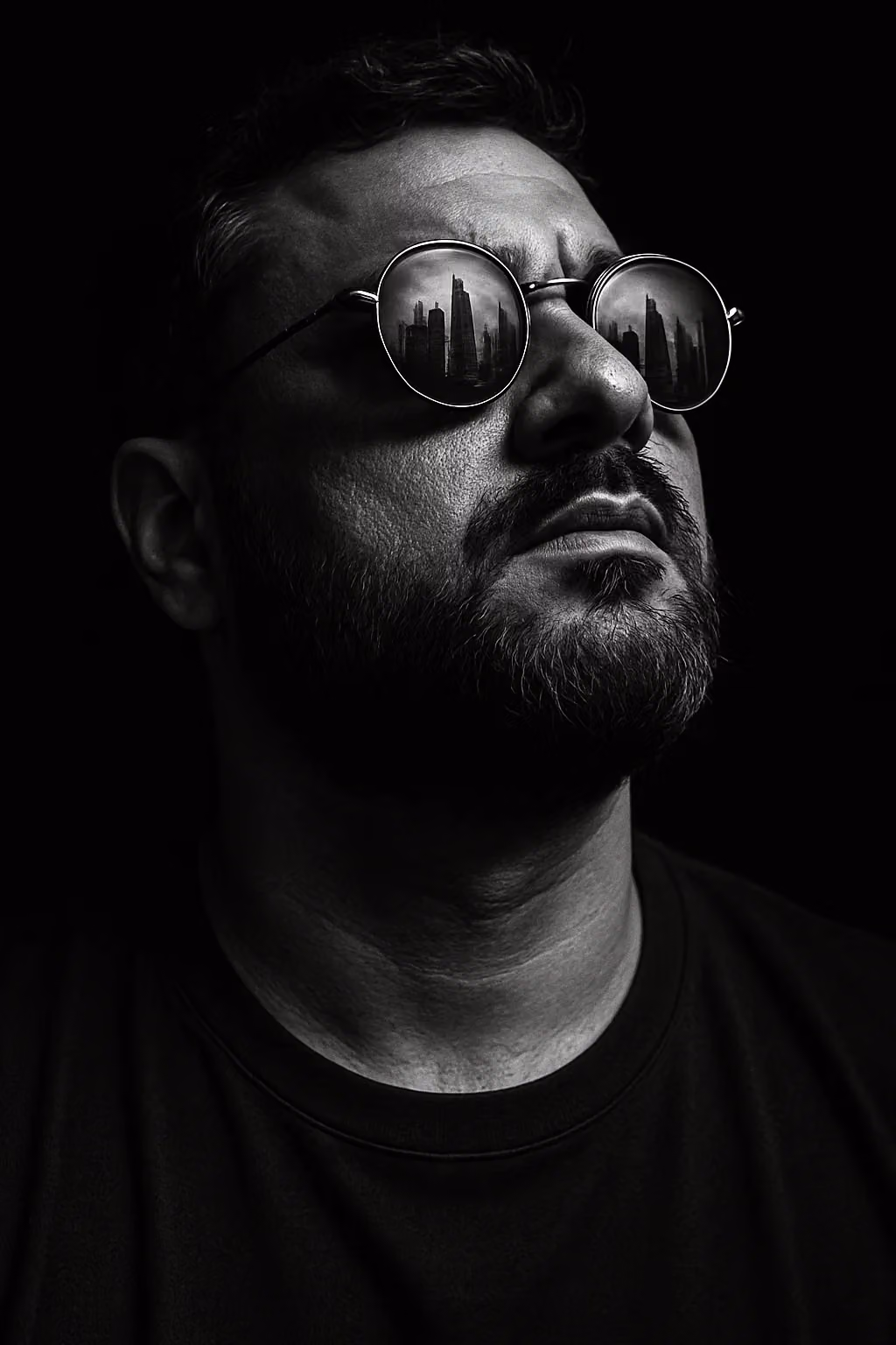 Dramatic Black and White Portrait with City Reflection