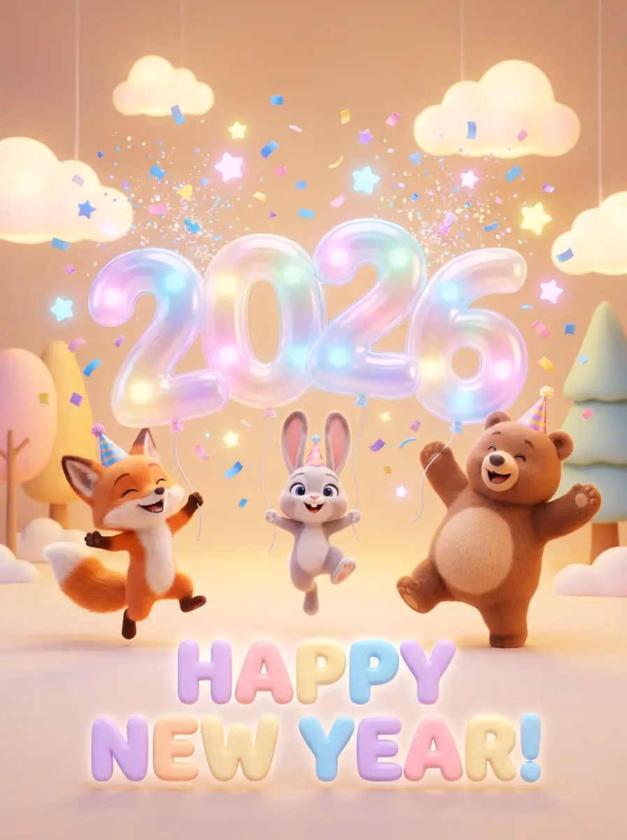 3D Animal Characters New Year Greeting Card
