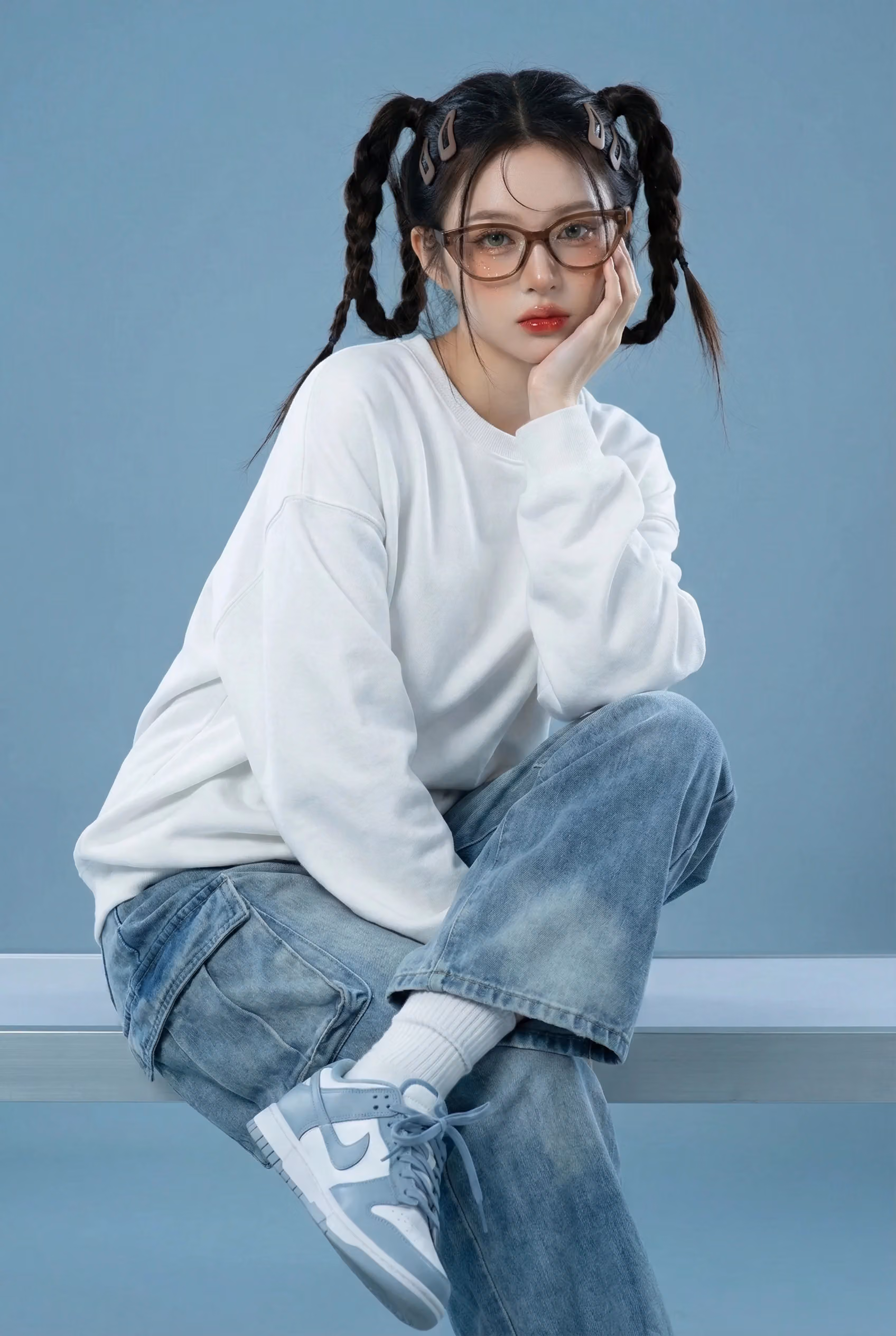 Futuristic Fashion Editorial with Sky-Blue Background