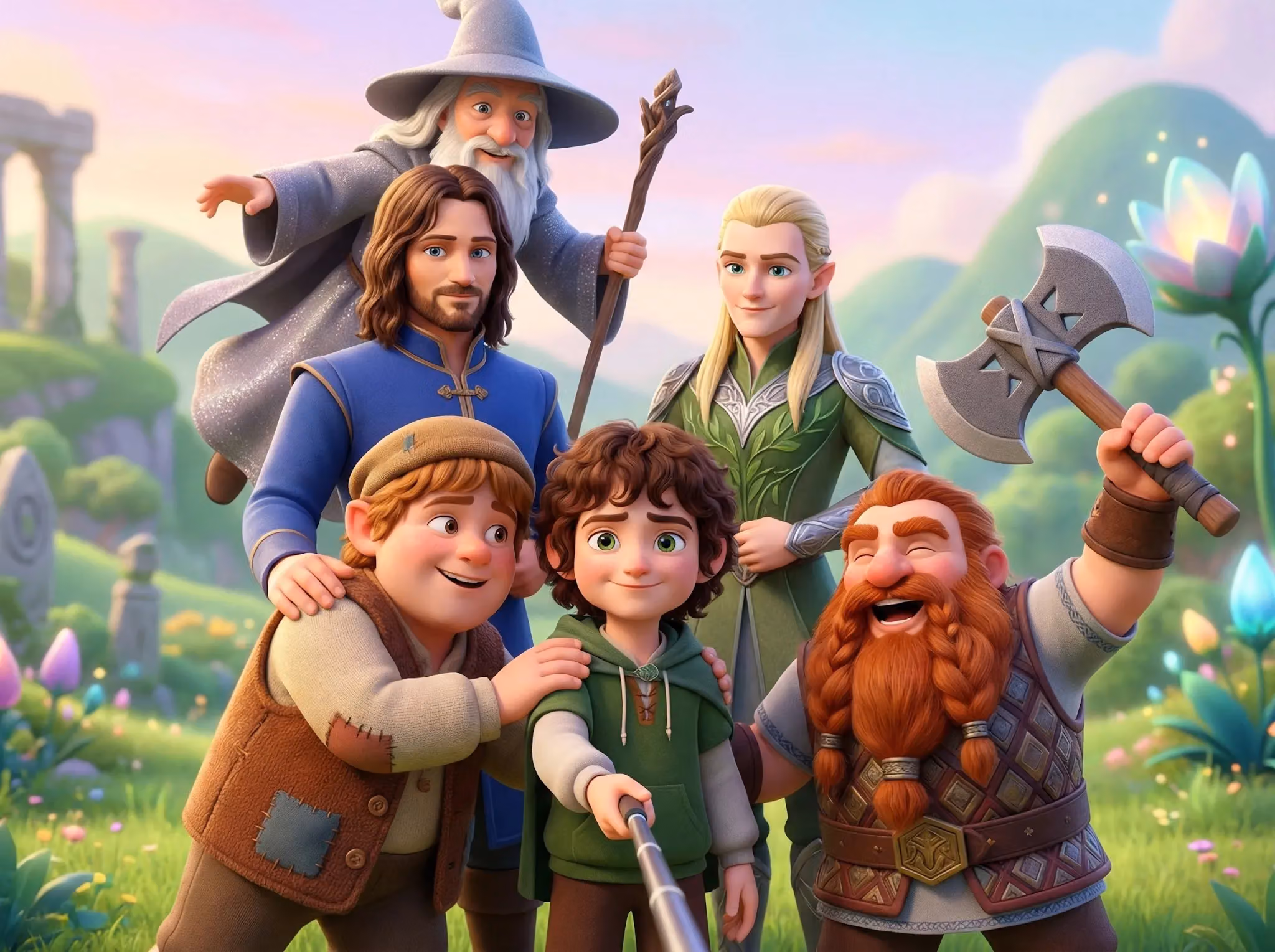 Pixar-style Lord of the Rings Group Selfie
