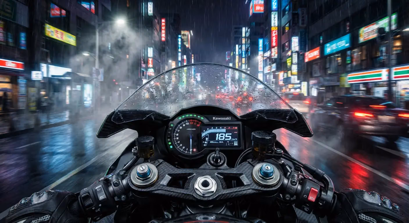 Motorcycle POV Night Ride in Wet Metropolis