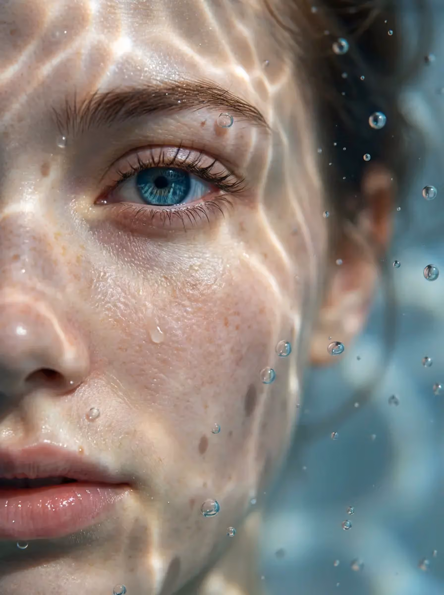 Hyper-realistic underwater portrait, left half of face