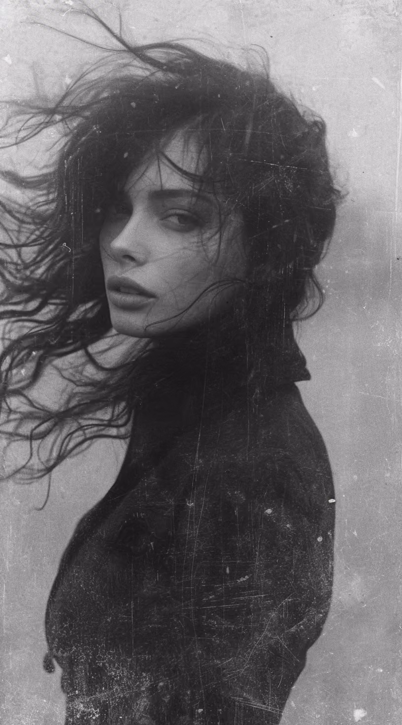 a woman with long wild hair on a windy day