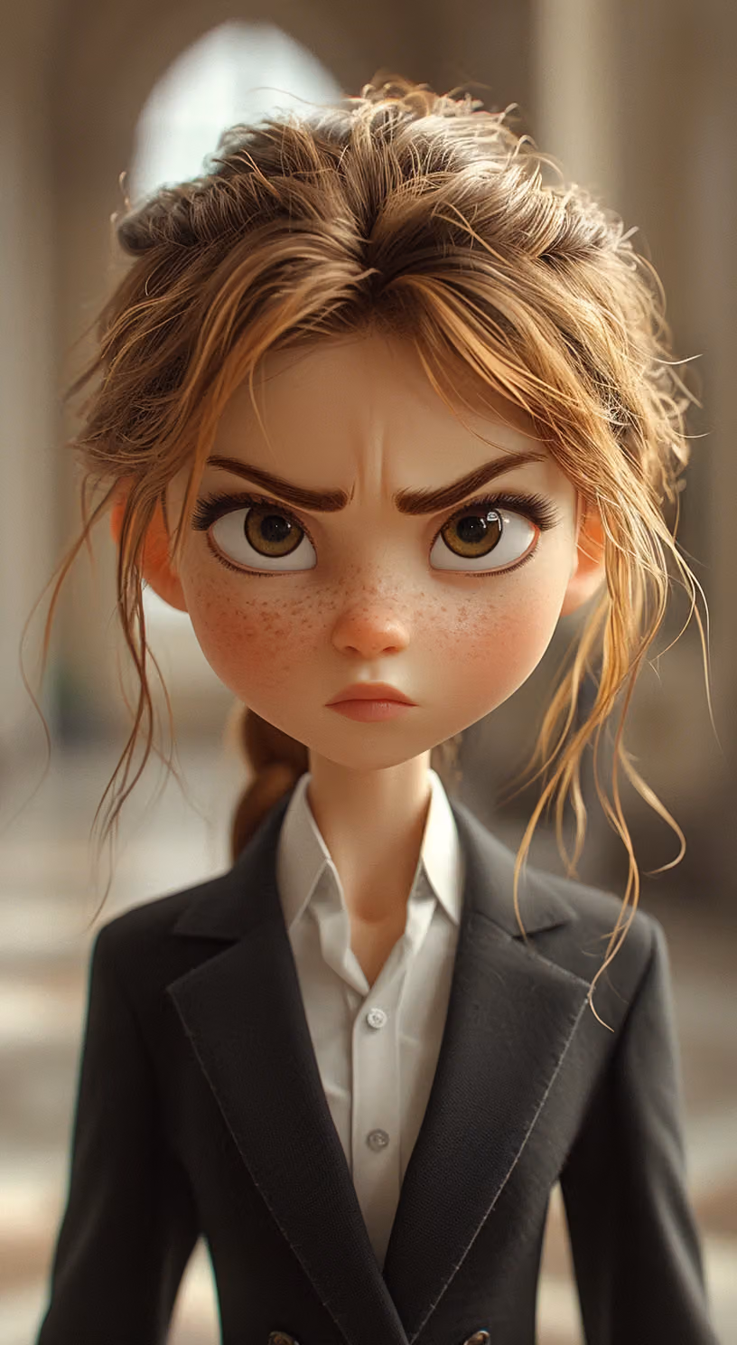 a young girl in a business suit with a very angry expression
