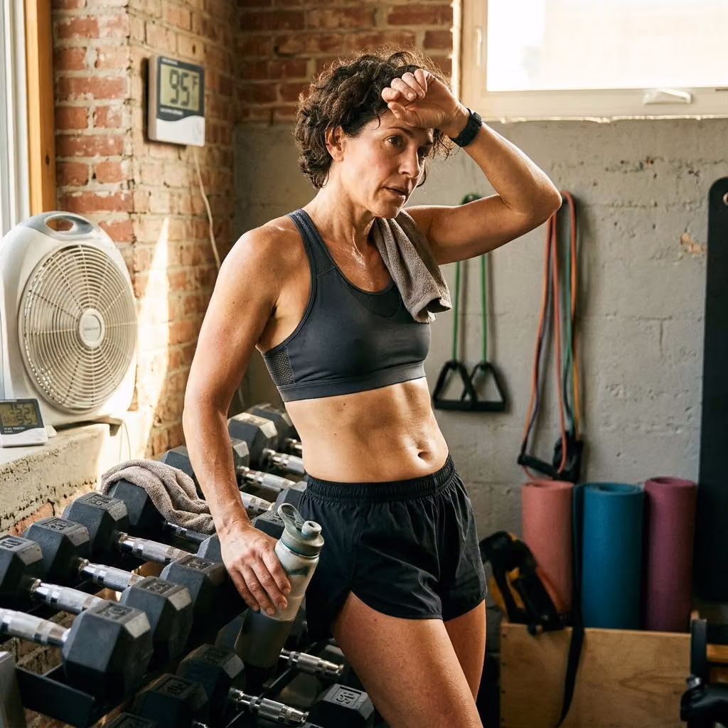 Show me an image of a woman who looks like Joanne Carducci wearing exercise clothes that help to kee