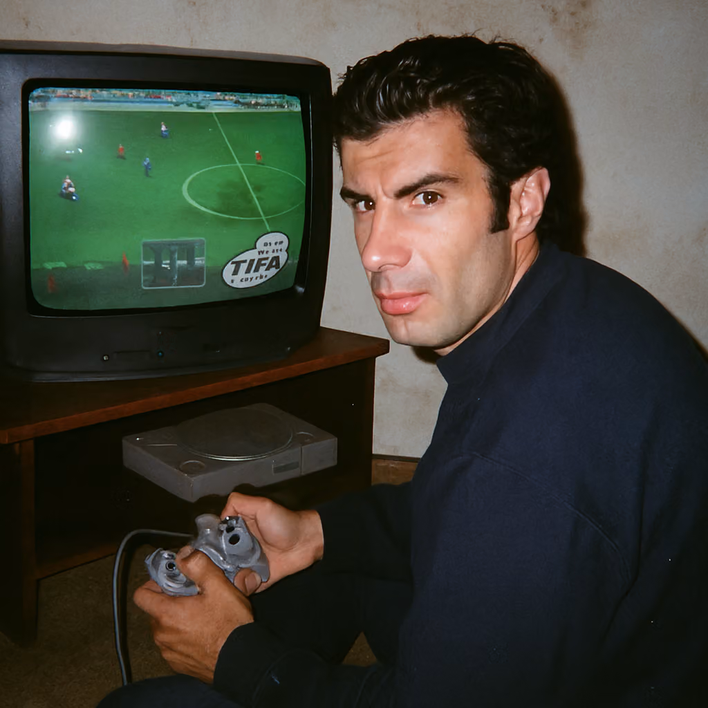 Grungy analog photo of Luis Figo circa 2000 playing Fifa 2000 on Playstation 1 on a 90s CRT TV in a