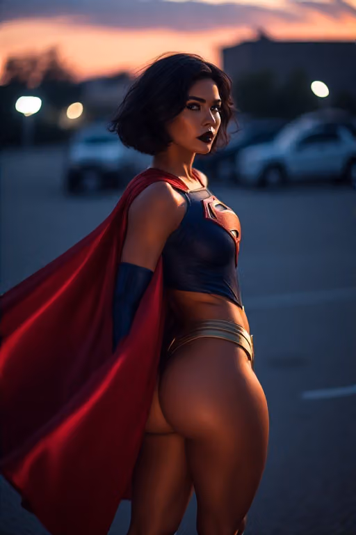 photo of supergirl in a supergirl costume with a red cape on her back