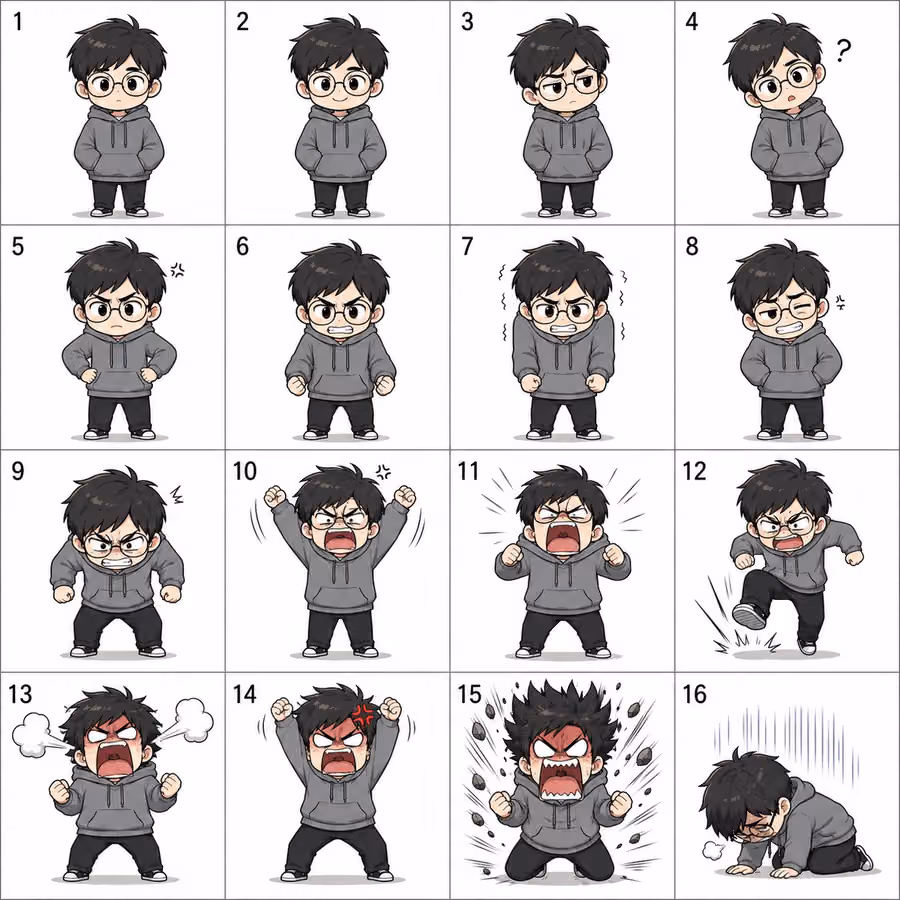 Chibi Character Anger Progression Grid