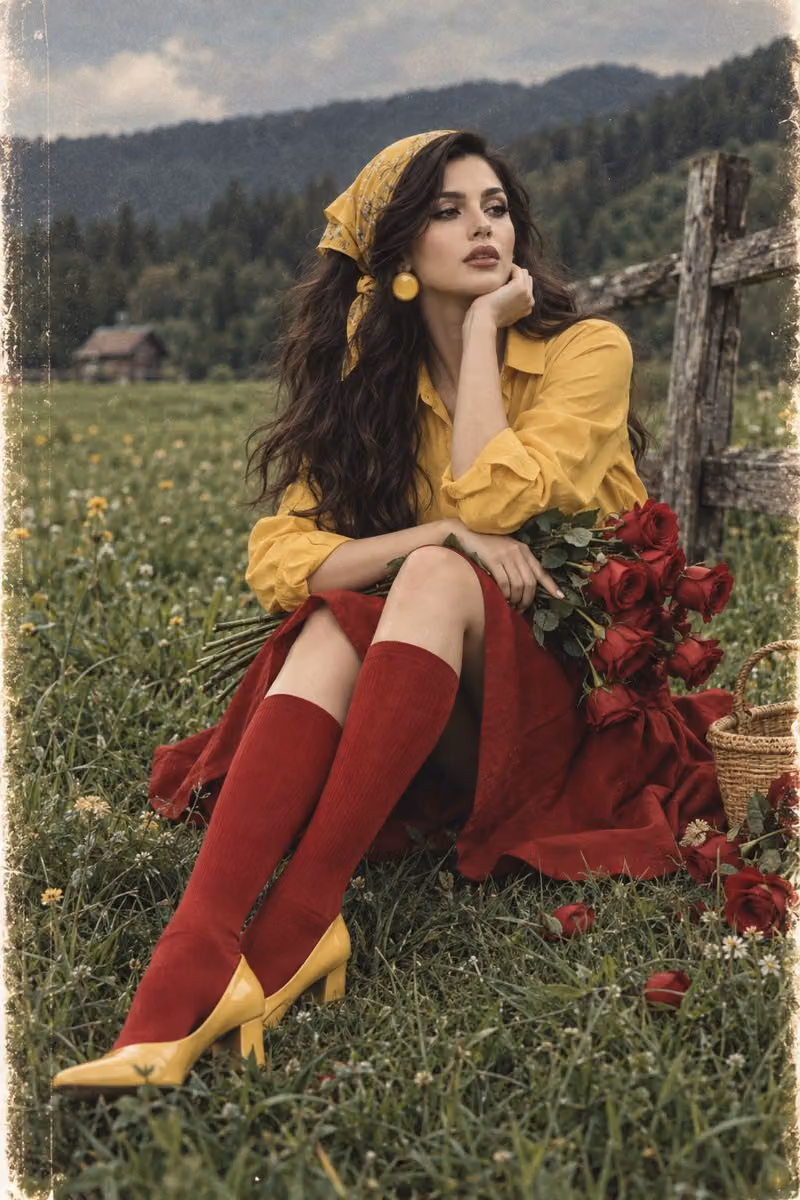 Vintage Film Style Meadow Run with Roses
