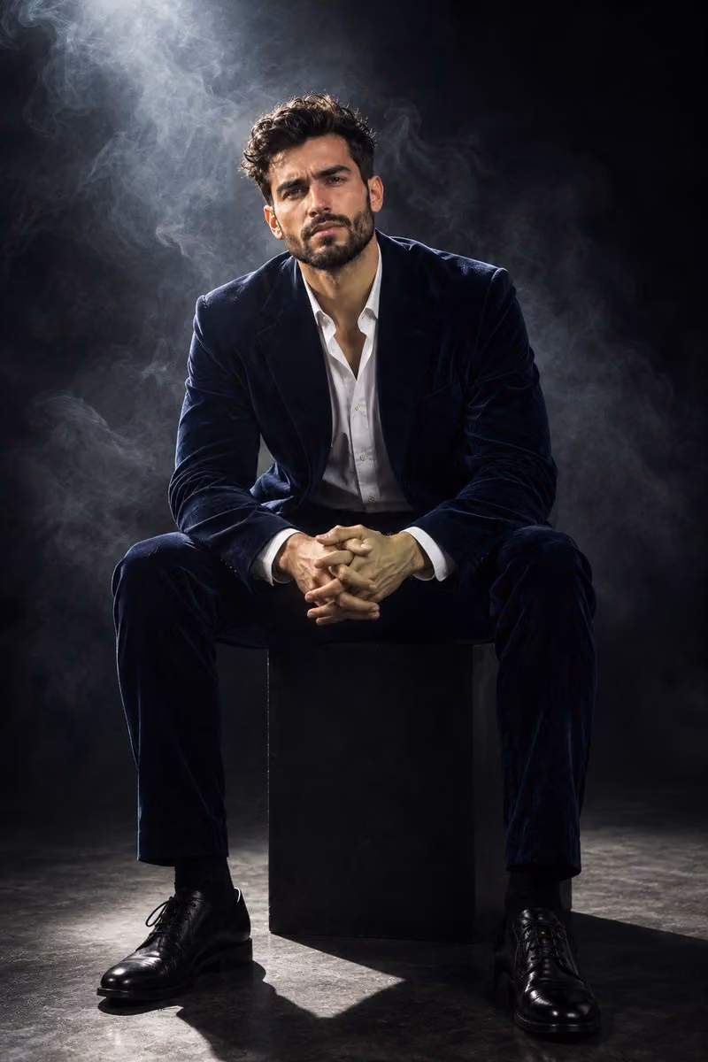Cinematic velvet suit portrait