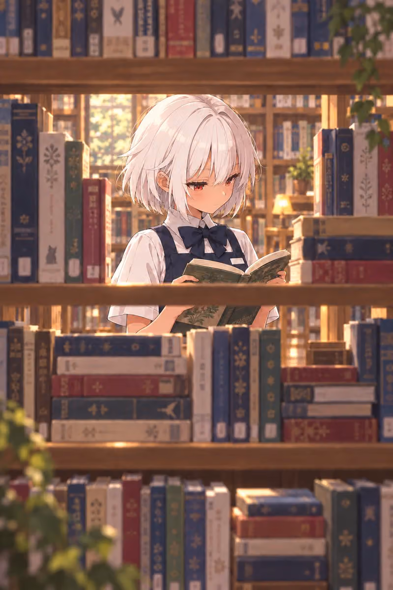 Anime Girl Reading in Library