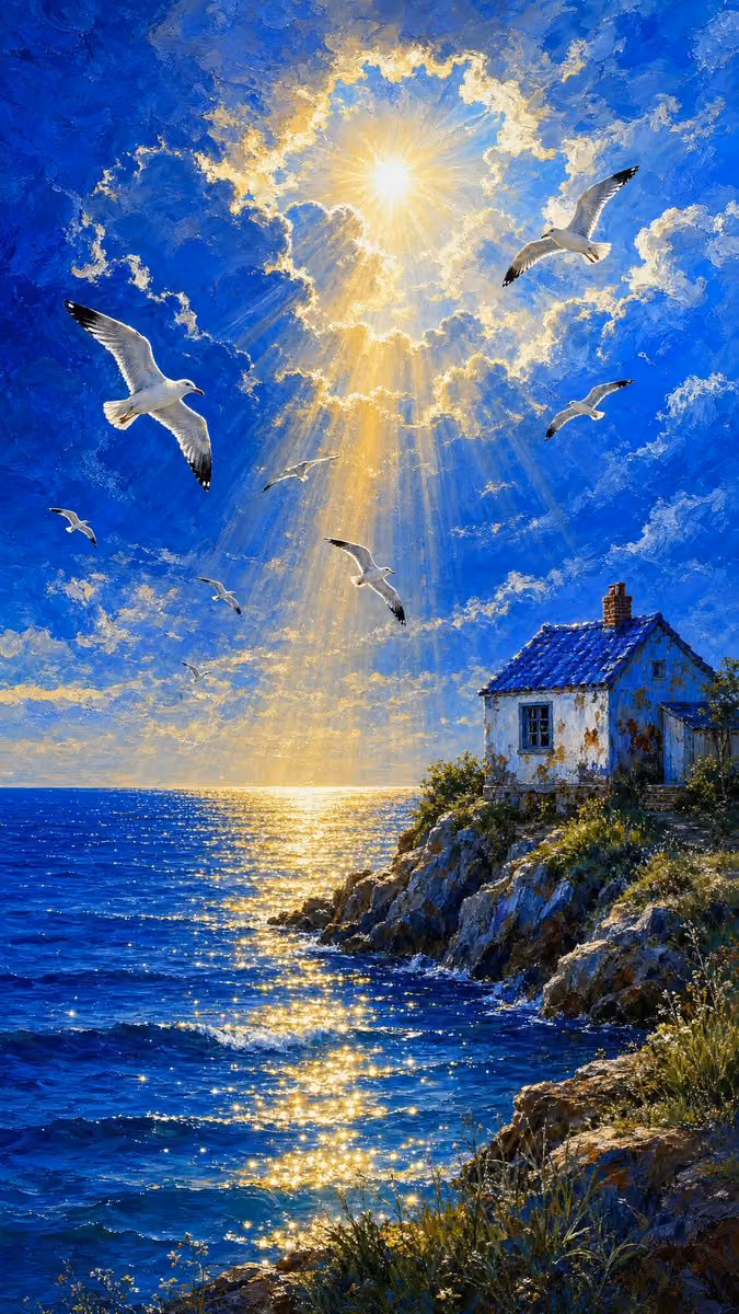 Painterly Coastal God Rays Illustration
