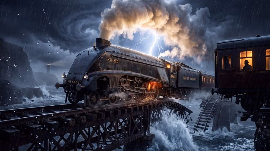 Steam Locomotive Collapsing Bridge Storm