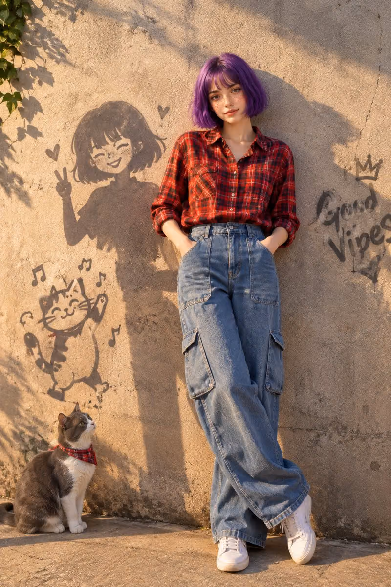 Hyper-realistic Outdoor Fashion Portrait with Cat