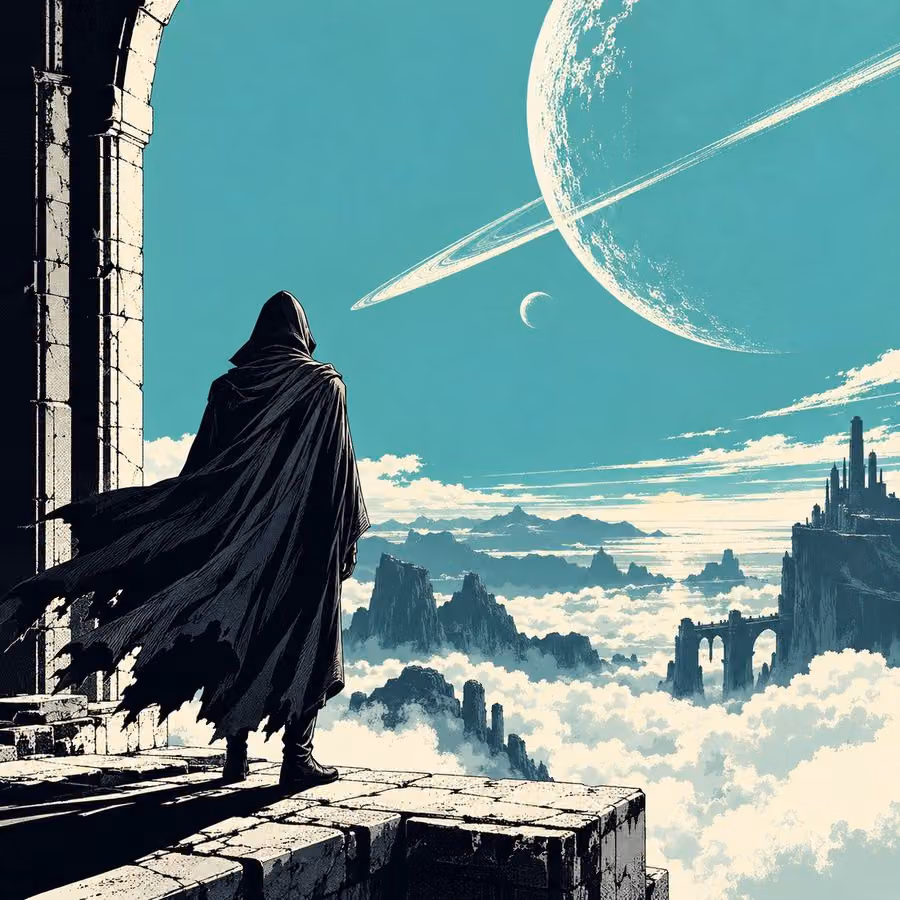 Cloaked Figure Gazing at Ringed Planet