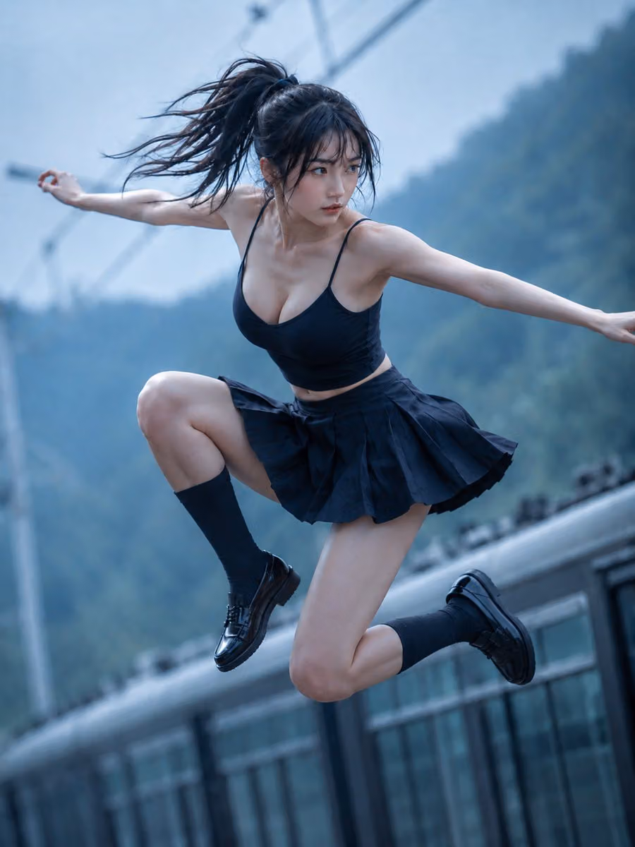 Social Media Post - Action Jumping Shot in Black Skirt