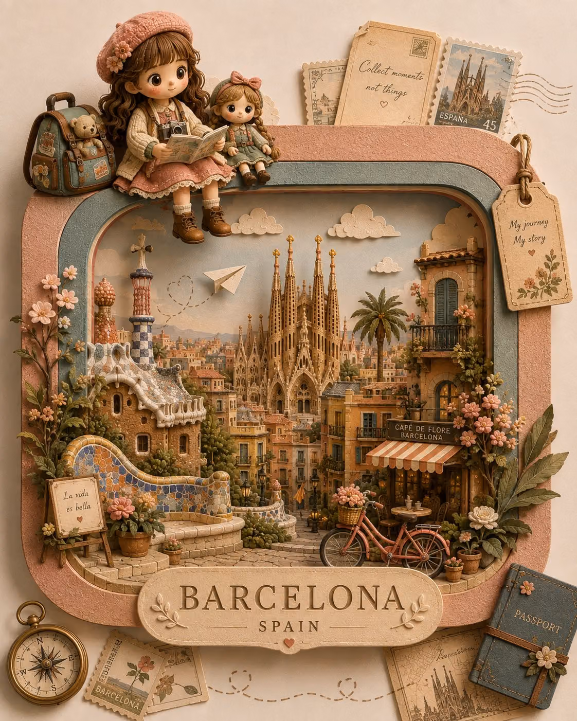 Create a premium handcrafted 3D paper-craft travel diorama c