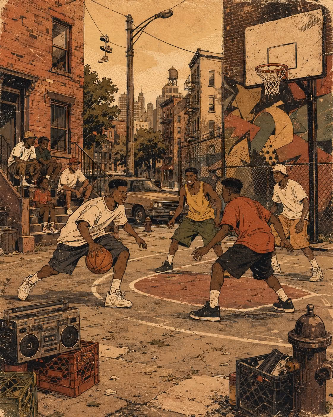Create a 4:5 vertical retro urban album-art illustration bui