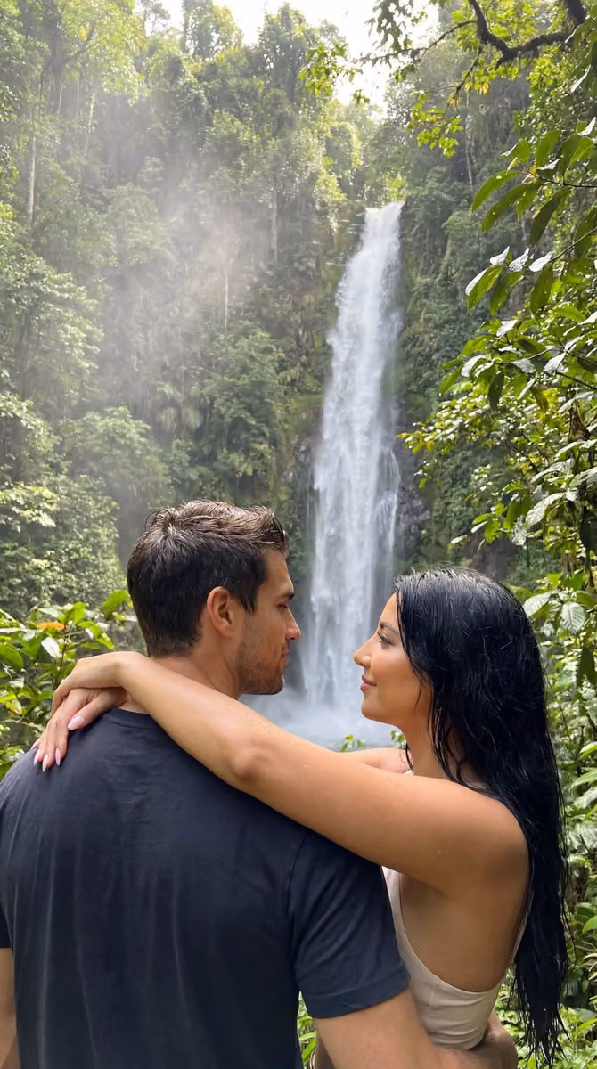 Tropical Waterfall Embrace, Romantic Nature Moment