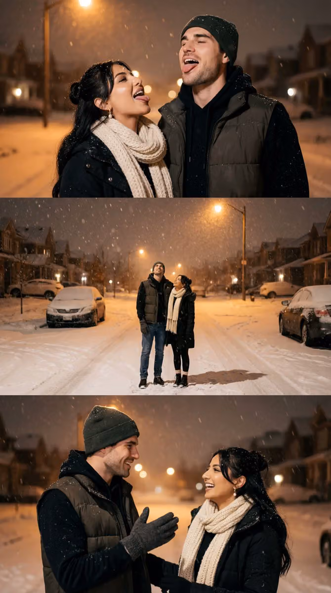 Cinematic Winter Night Couple Triptych in Snowfall