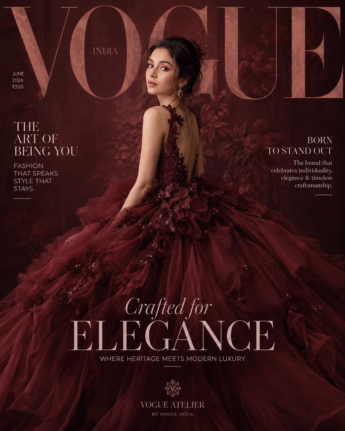 High Fashion Maroon Dress Magazine Cover