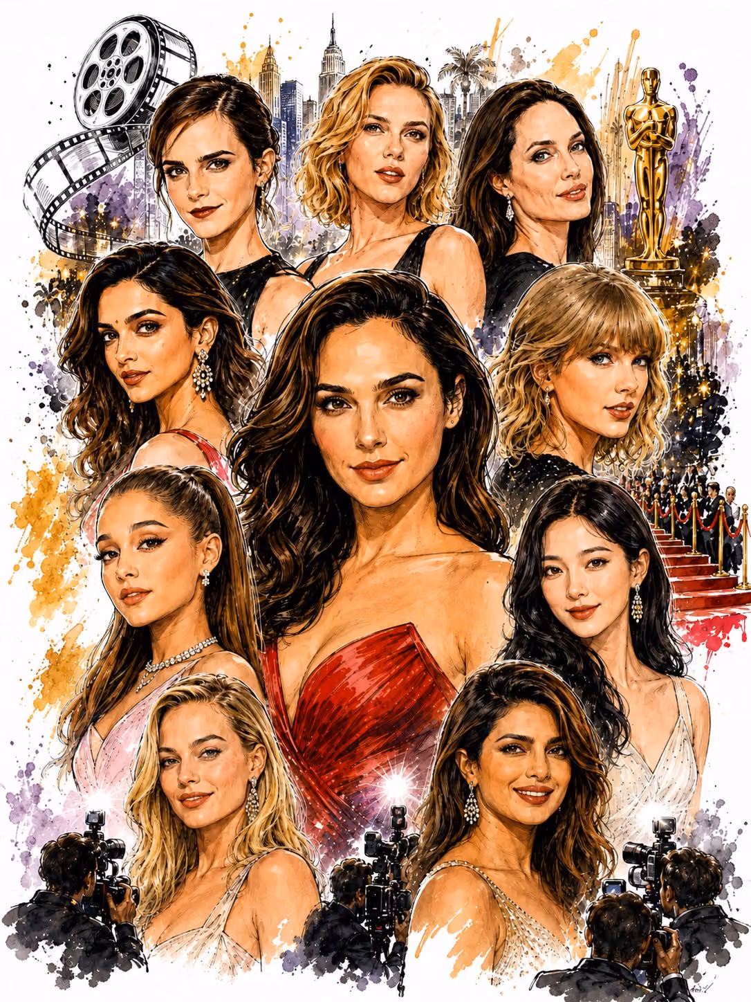 Glamorous Hollywood Red Carpet Watercolor Fashion Collage