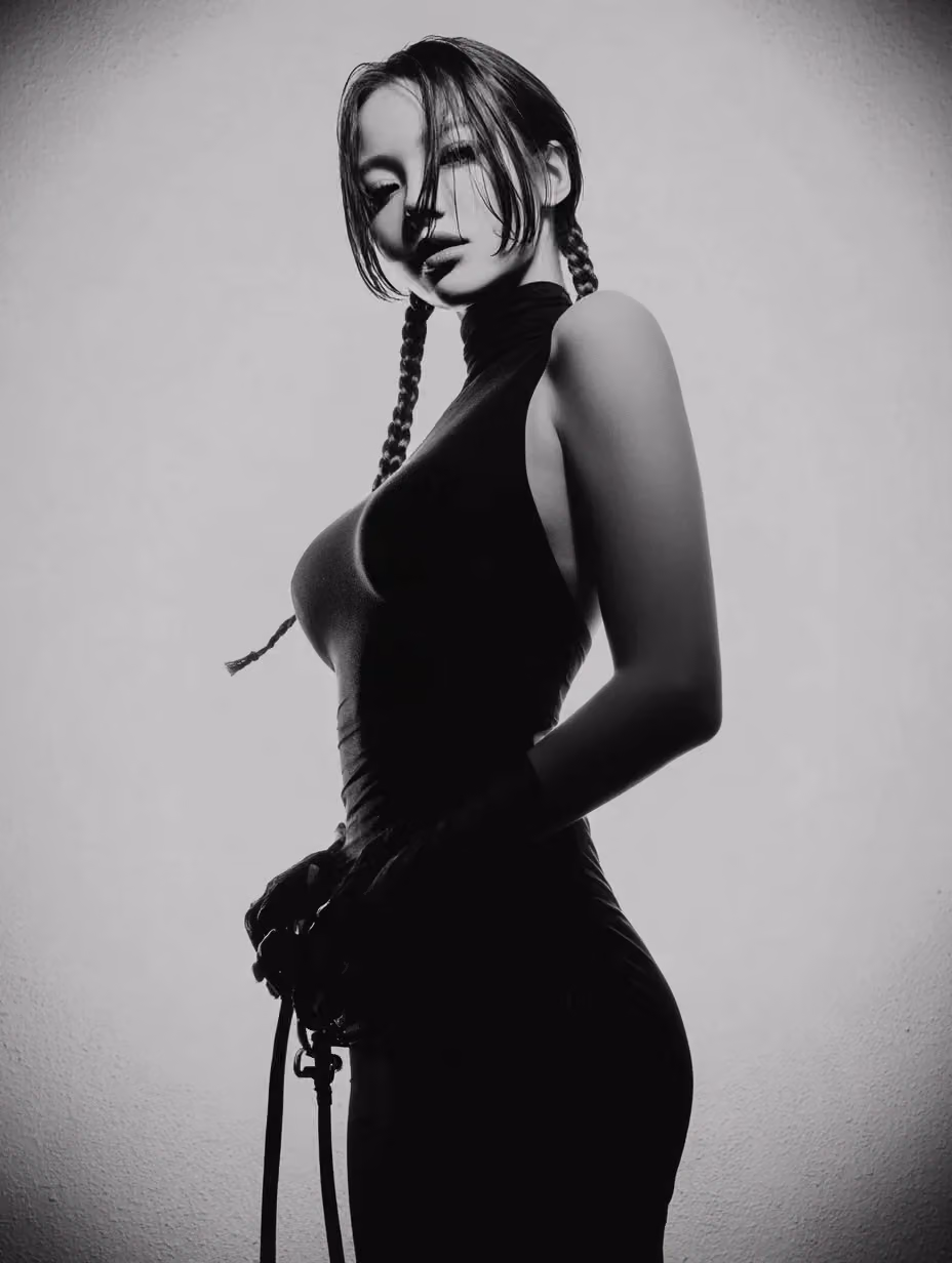 Confident Woman's Half-Body Portrait in a Minimalist Studio