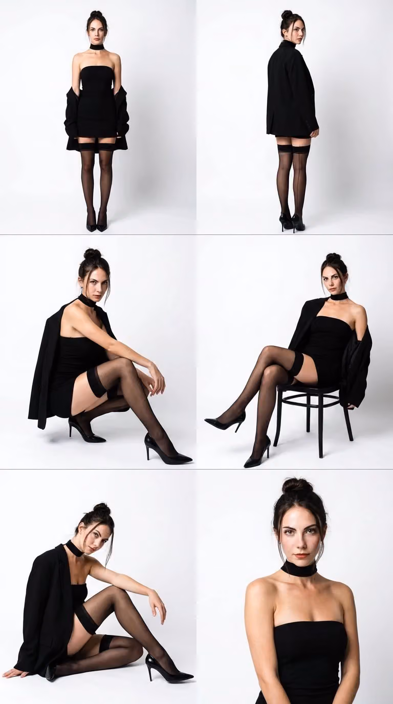 Realistic High-Fashion Studio Photo Collage with Six to Eight Poses of the Same Woman