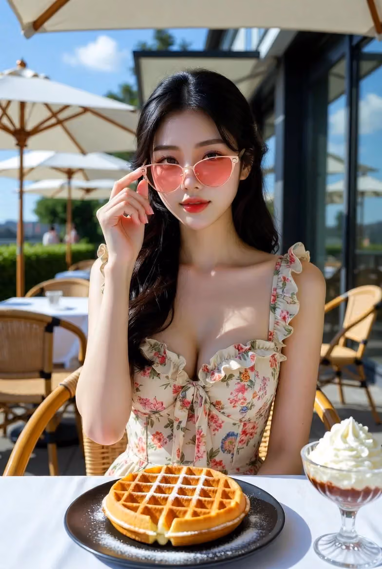 Elegant Portrait at a Sunny Outdoor Cafe Terrace During Summer Brunch