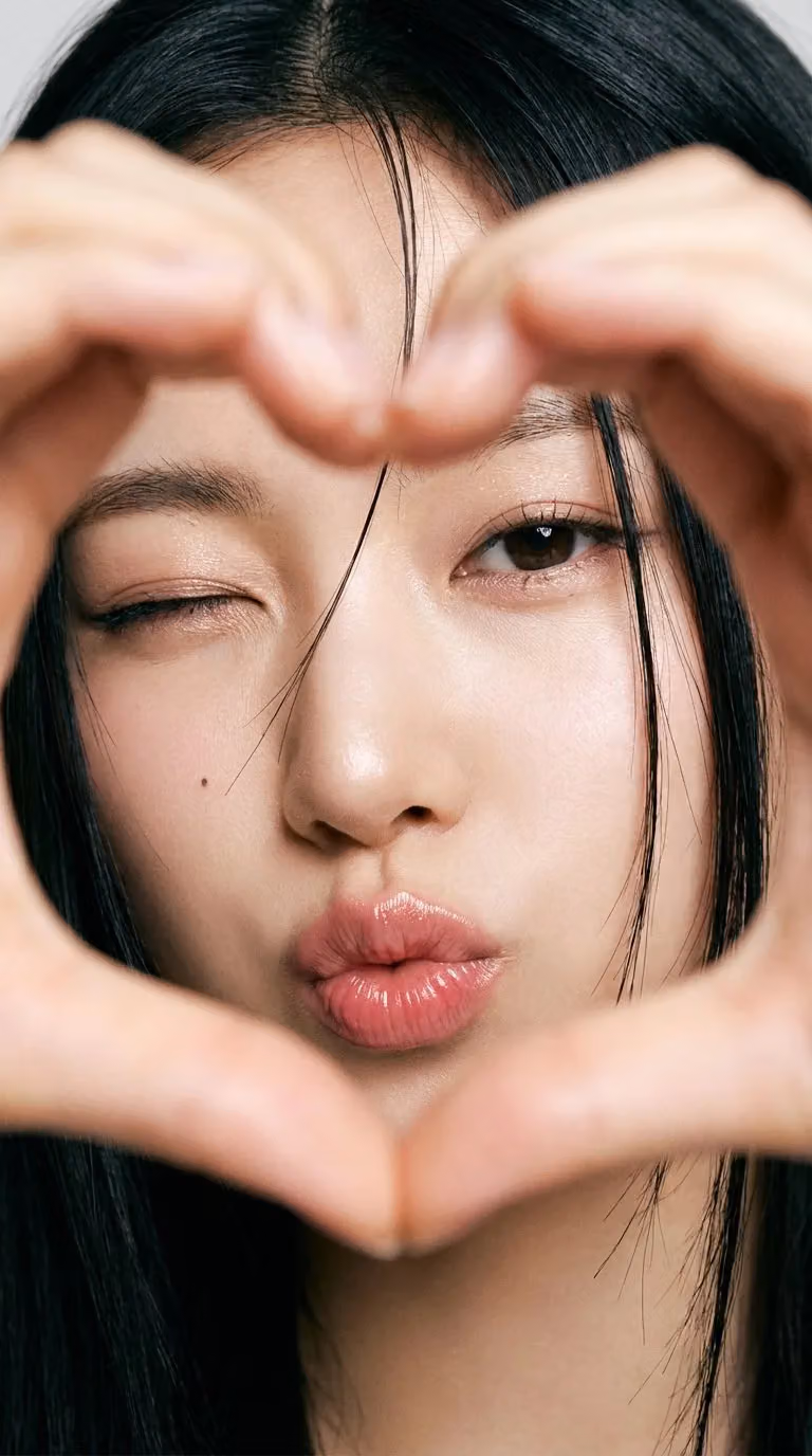 Close-up Portrait of Young East Asian Woman Making a Heart Shape with Hands, No Clothing