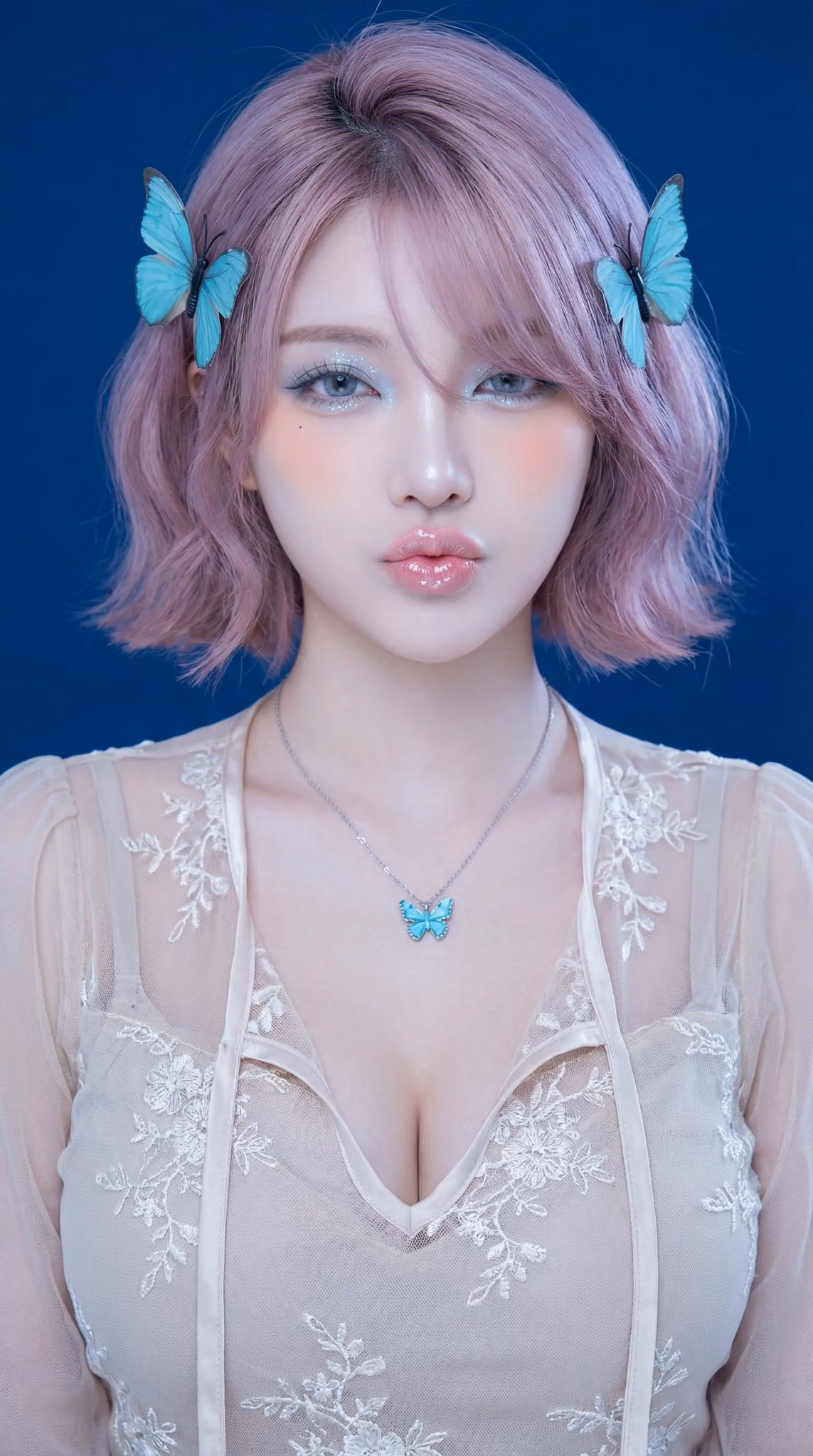 Surreal Photography with Pure Blue Background, High Detail, Subtle Skin Glow