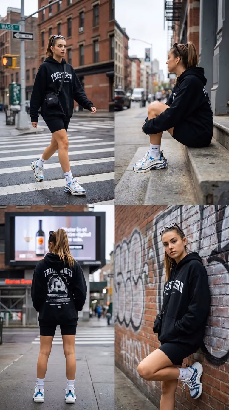 4-Panel Fashion Lifestyle Collage Featuring Young Woman in Trendy Streetwear