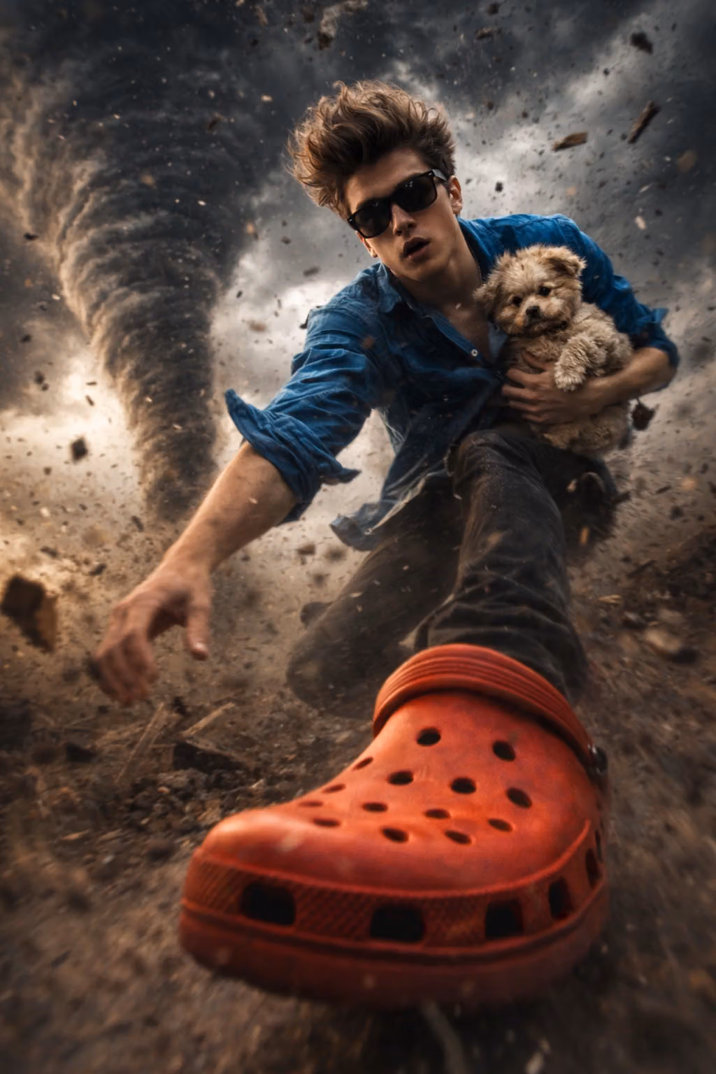 A surreal wide-angle cinematic shot of me caught in a powerful tornado with a small fluffy dog