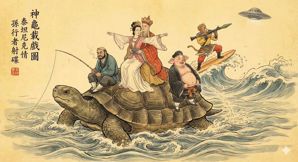 Traditional Chinese Gongbi-style ink painting depicting a giant turtle in a turbulent river, humorou