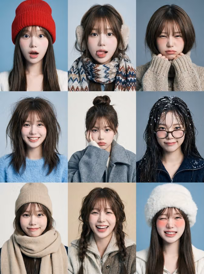 3x3 Grid of Playful Winter Portraits