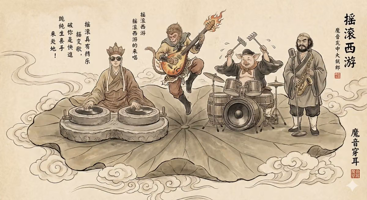 Traditional Chinese Gongbi-style Ink Painting: A Fantastic Heavy Metal Concert on a Floating Lotus L