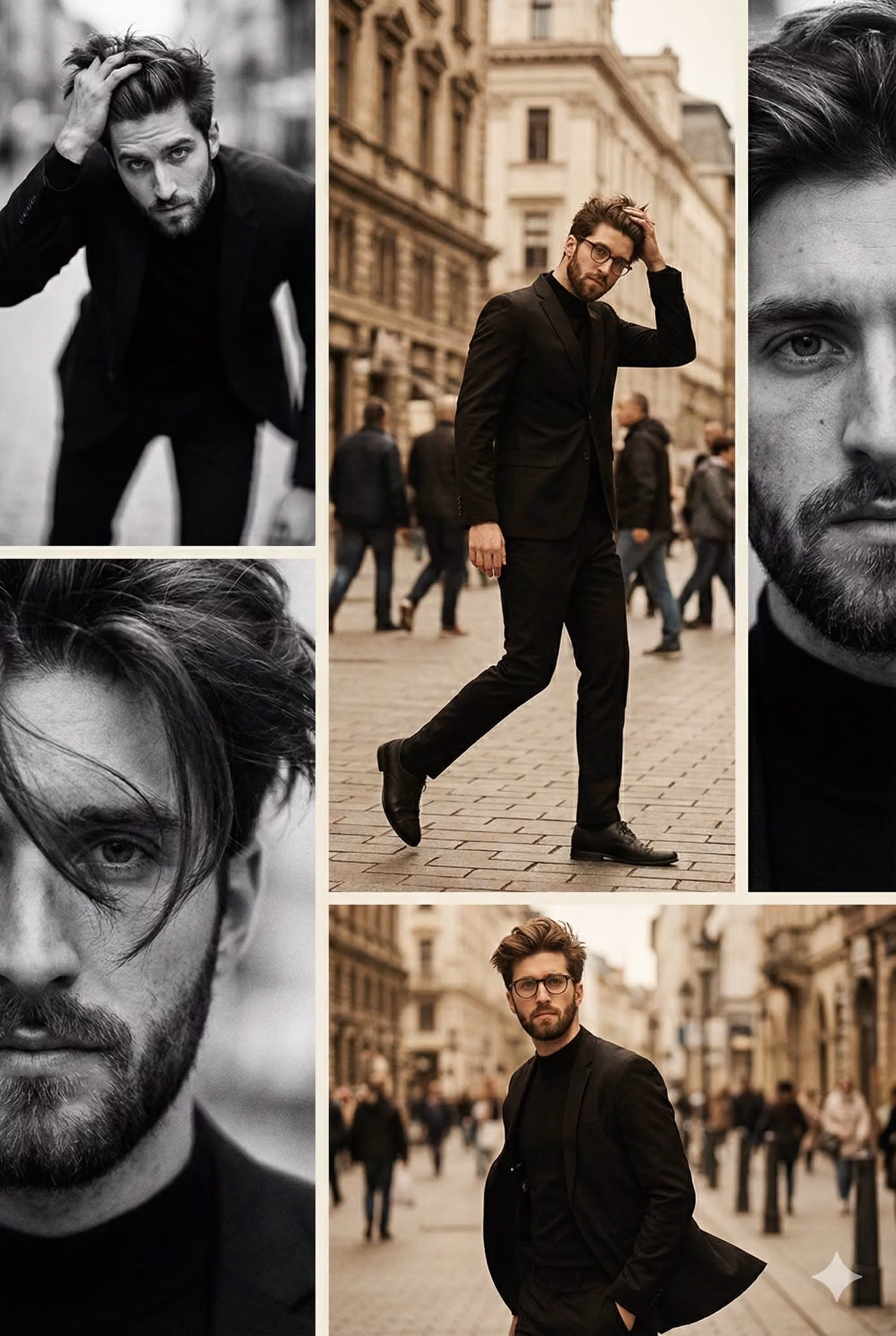 Moody Vintage Fashion Editorial as Vertical Collage of Black-and-White and Warm Desaturated Color Ph