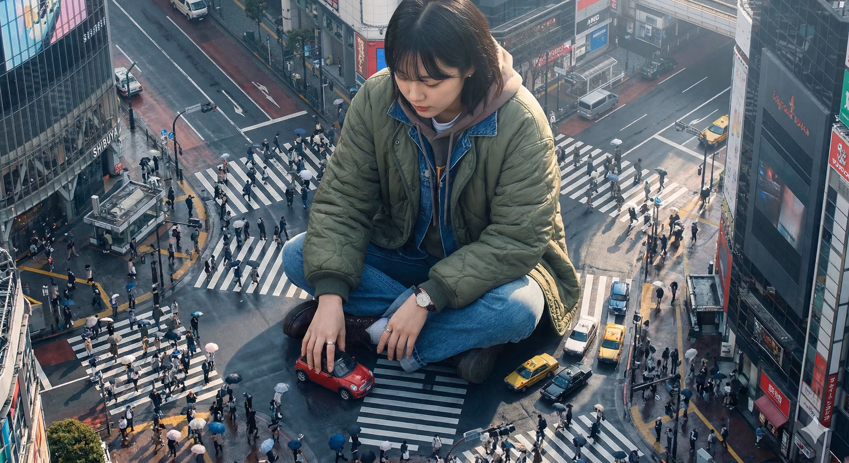 Highly Detailed Photorealistic Aerial Shot of a Colossal Korean Young Woman in Tokyo Street